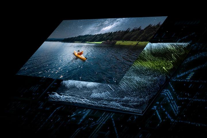 Слой светодиодов Quantum Mini в подсветке освещает верхний слой, на котором в ярком качестве отображается сцена лодки на воде.